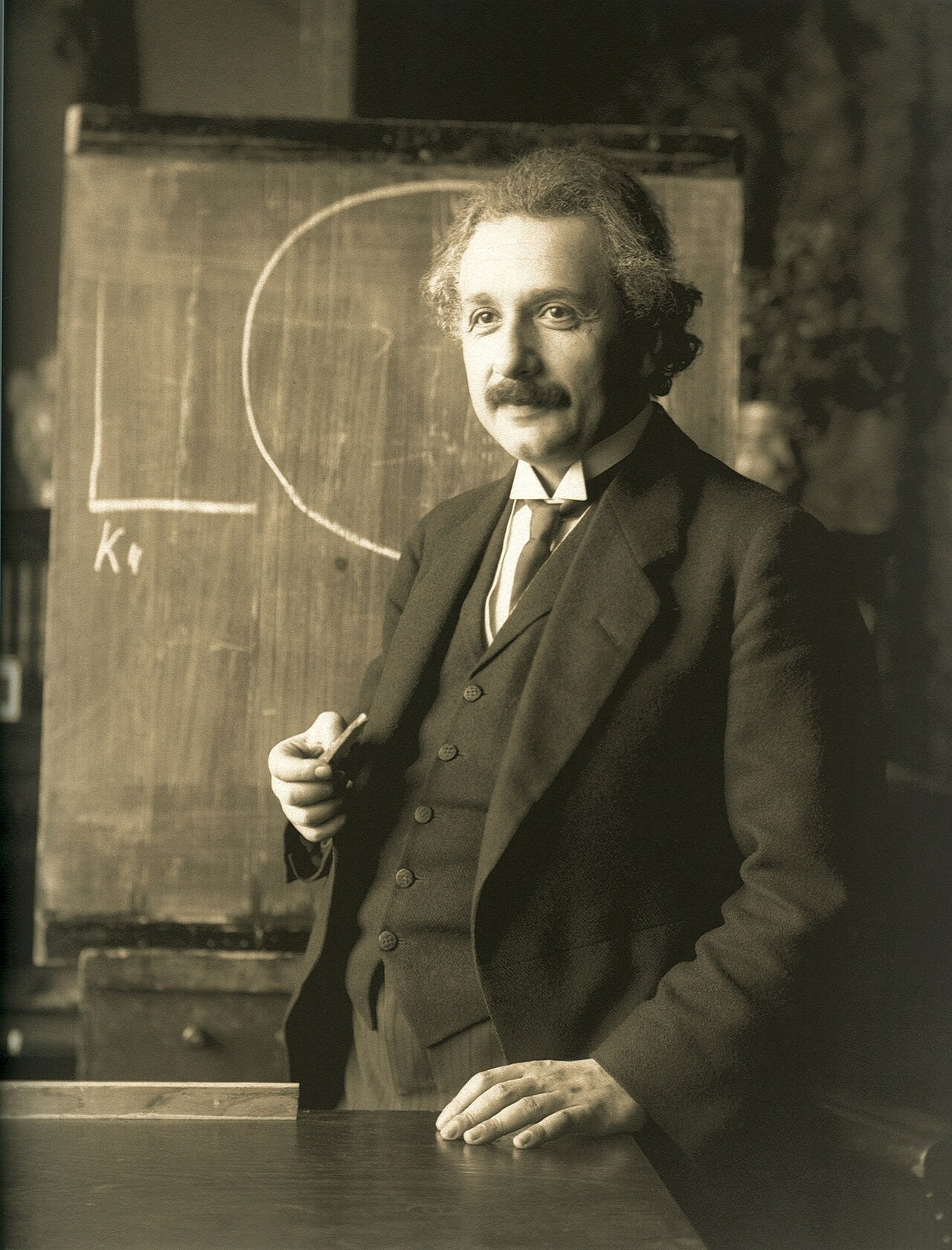 Black-and-white studio portrait of Albert Einstein, 1921.