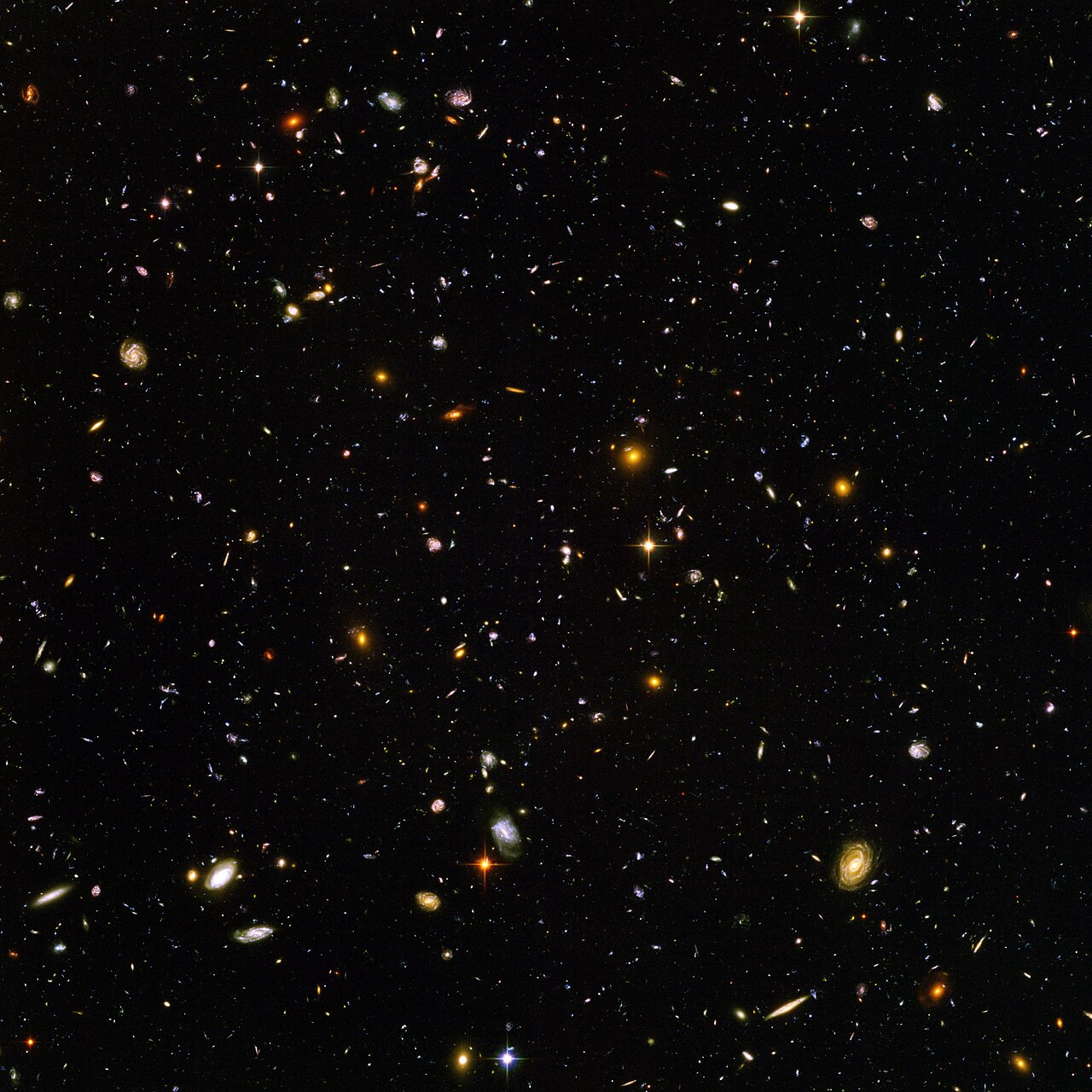 A deep-space photograph: thousands of distant galaxies scattered across black sky.